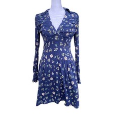Free People Floral A Line Blue Mini Dress Lace Long Sleeve XS Romantic Cottage