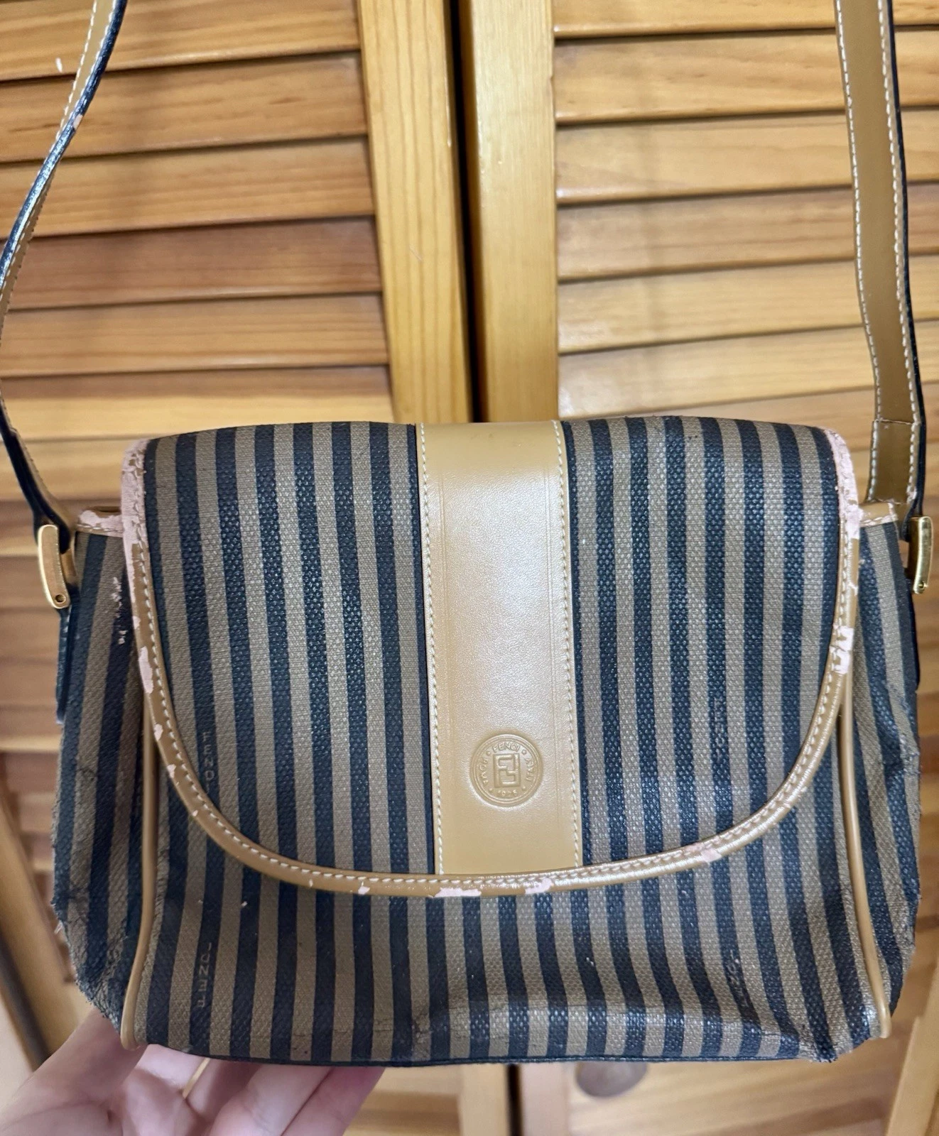Borsa vintage Fendi nuova con etichetta rivestita tela pelle tracolla reggimentale righe LEGGI