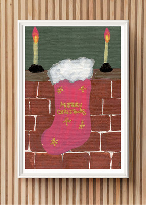 ACEO/ ATC  Christmas Stocking Fireplace Acrylic OOAK Original Art SaraClaireArt