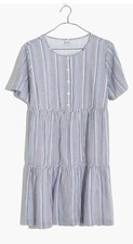 Madewell Women’s Sz M Stripe Tiered Mini Dress Button Front Pink Blue
