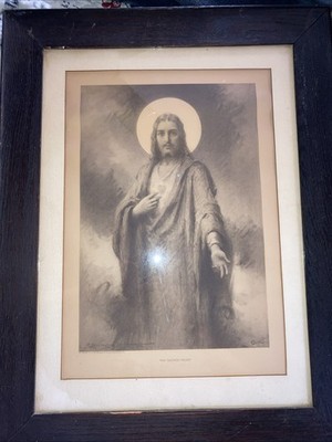 Vintage SACRED HEART OF JESUS  framed lithograph-St Anthony s Guild-1933