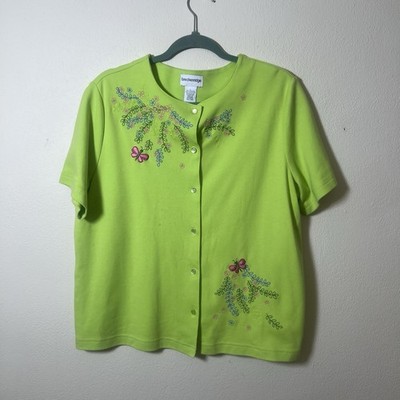 Women s Breckenridge So Large Embroidered Button Shirt Top, Lime Green Butterfly