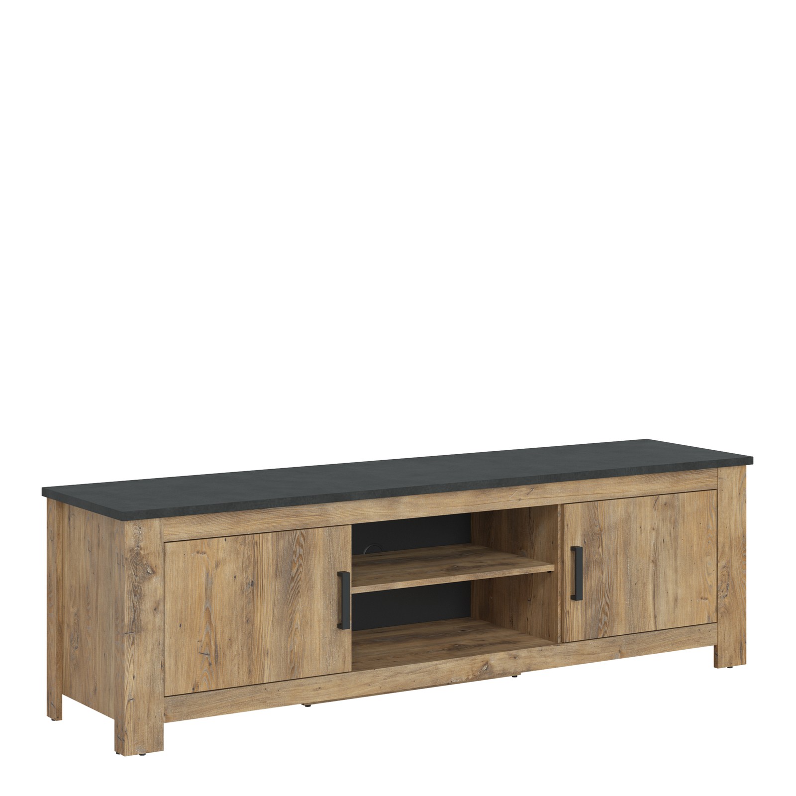 Large TV Cabinet - 2 Doors, Open Storage, Chestnut & Grey, Modern Media Unit