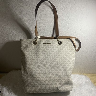 Michael Kors Jet Set Large Tote Beige Logo Brown Leather Strap Gold Hardware