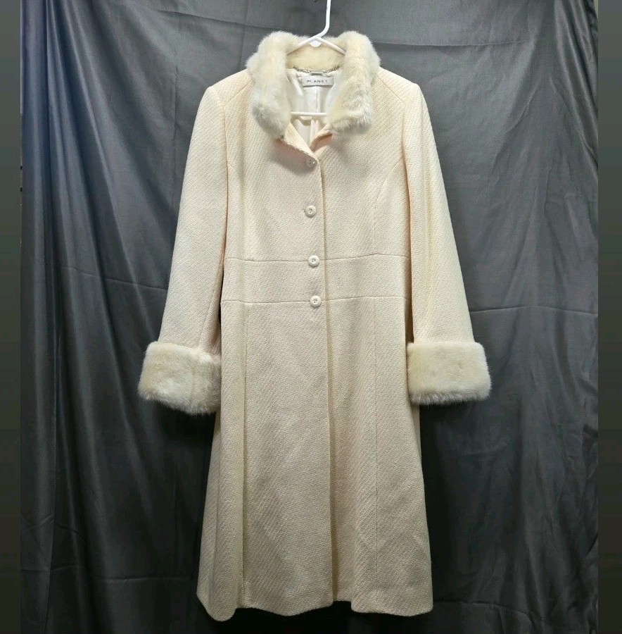 Vintage 90's PLANET 100% Wool Trench Coat Off-White Faux Fur Trim Women's Size 8