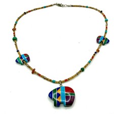 Vintage 90s Multi Stone Inlay Zuni Bear Heishe Fetish Strand Pendant Necklace
