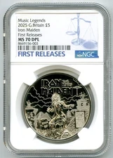 2025 GREAT BRITAIN 5PD NGC MS70 DPL IRON MAIDEN MUSIC LEGENDS FIRST RELEASES
