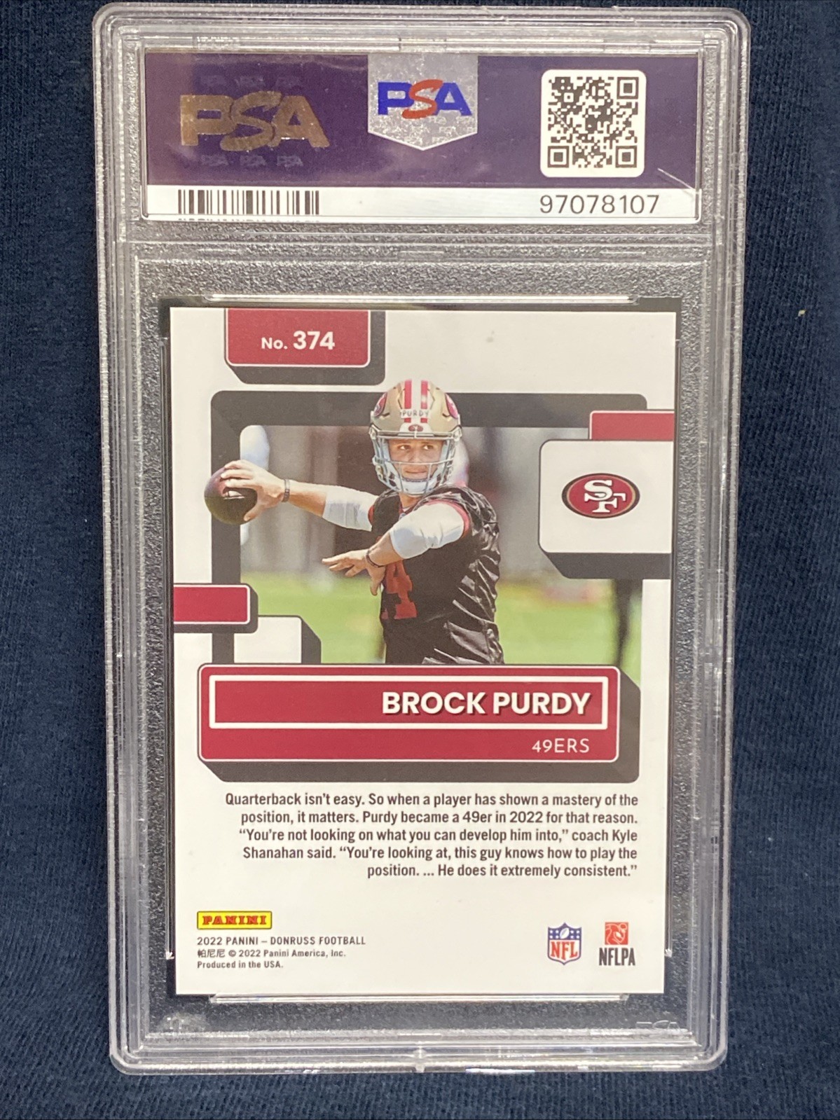 2022 Donruss - Rated Rookie Brock Purdy #374 Press Proof Premium (RC) Mint PSA 9 view 2