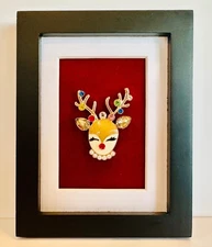 Framed Jewelry Art Miniature “Sweet Reindeer” Rhinestone and Enamel
