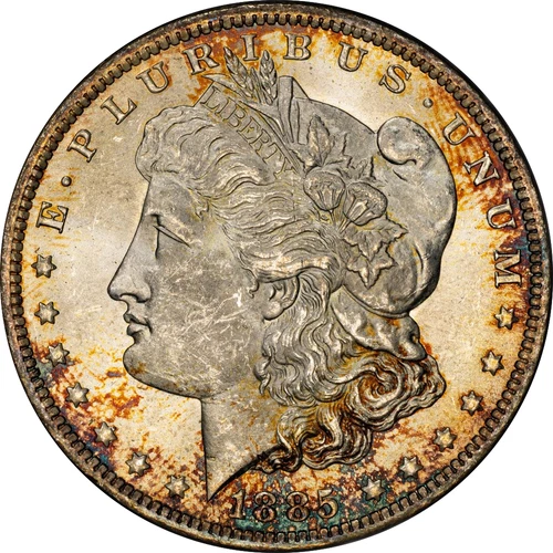 1885-O PCGS MS64 Morgan Dollar, Redfield, Outstanding Rainbow Toned, Frosty PQ!