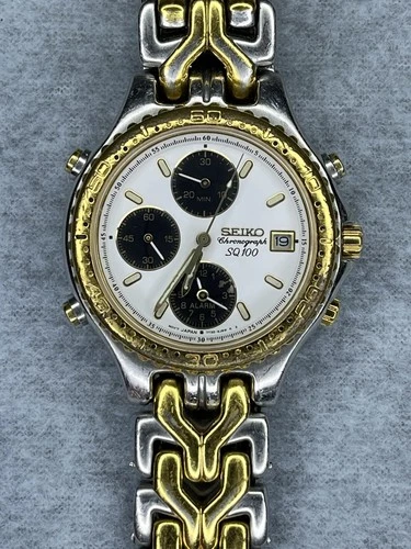 Vintage Seiko Men's Chronograph SQ100 Panda Gold Silver Band SEE DESCRIPTION
