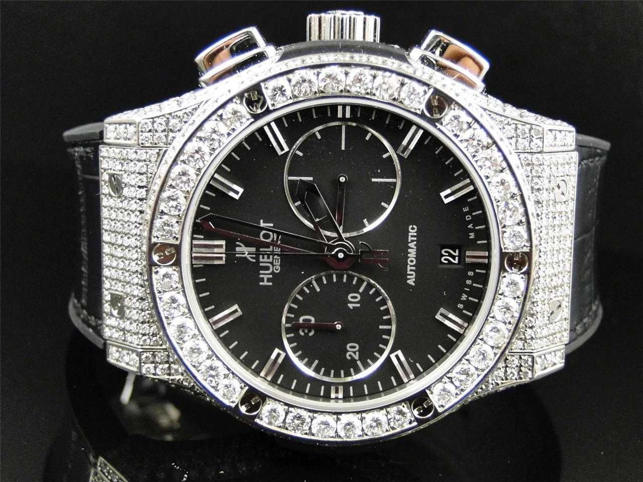 Hublot — Mens New Custom Hublot Big Bang 44mm Leather Band Genuine Diamond Watch 10.5 Ct