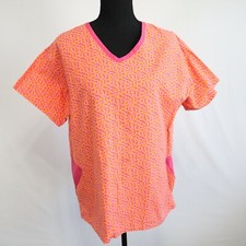 Landau Scrub Top Womens Medium V-Neck Medical Uniform Colorful Dot Short Sleeve