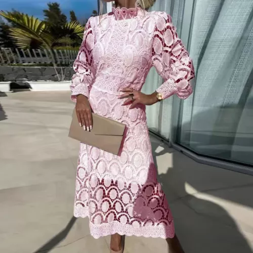 Lady Lace Dress Formal Evening Elegant Maxi with Stand Collar Long Sleeves new - Picture 5 of 11