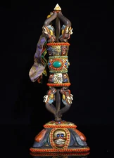 Old Tibet bronze Gilt Skull Head Weapon Trident Exorcism Holder Faqi Statue TQA