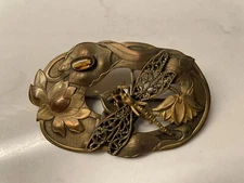 Antique  signed JJ Sommers, Art Nouveau Dragonfly Brooch Amber Glass Victorian