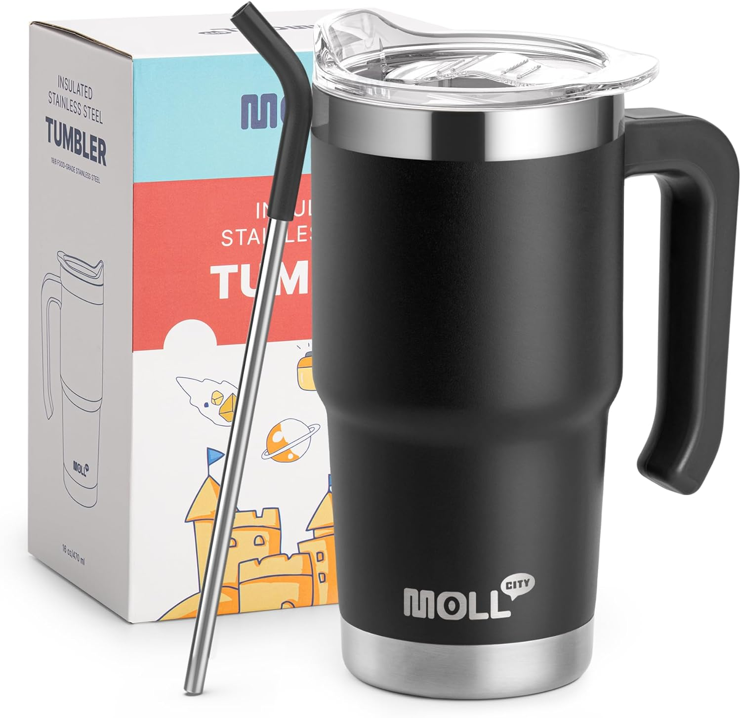 Travel Coffee Mug with Handle-16 Oz Stainless Steel Vacuum Insulated Tumbler wit