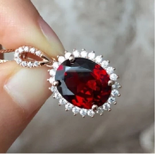 2Ct Oval Cut Red Ruby Diamond Lab-Created Halo ChainPendant 14K Rose Gold Plated - Image 3 of 4