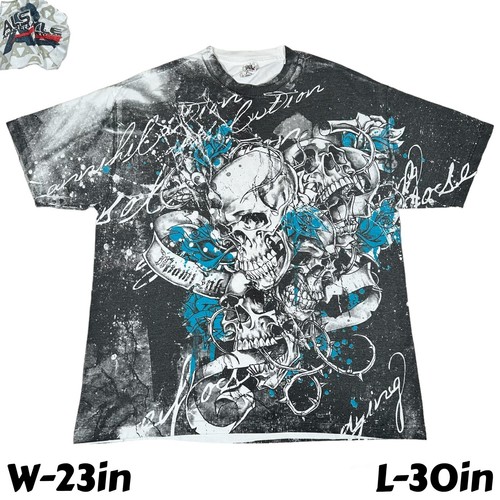 Tatouage graffiti vintage Y2K Miami encre crâne fleur imprimé partout T-shirt AOP XL - Photo 1 sur 7