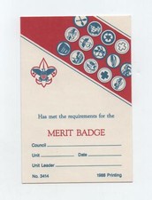 Vintage Merit Badge Card (Issued 1988), Blue & Red on White Card Stock, Mint!