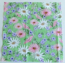Cotton Fabric Pic B - Pink White Daisies Purple on Green 11 1/2" L x 11 1/8" W