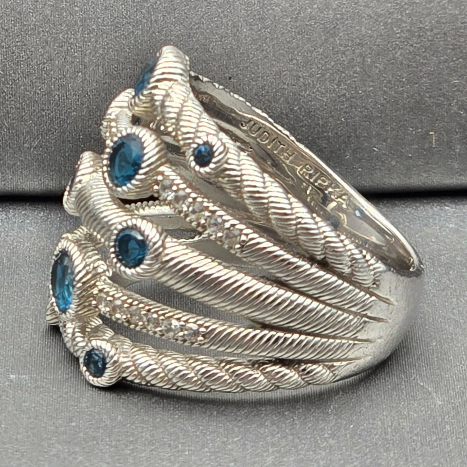 Judith Ripka Sterling Silver & Blue Topaz Multi-Row Cocktail Ring Size 8 - Image 2 of 4