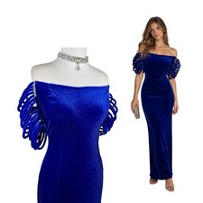 Vintage Royal Blue Velvet Maxi Christmas Dress, Y2K Prom