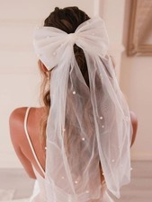 Bride Wedding Hair Bow White Tulle Bridal Veil Hair Clip Pearl Bachelorette P...