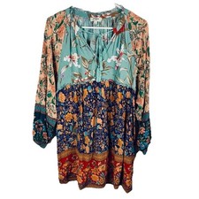 Umgee Boho Floral Patchwork Tunic Dress Long Sleeve Flowy Gypsy Tassle Tie Front