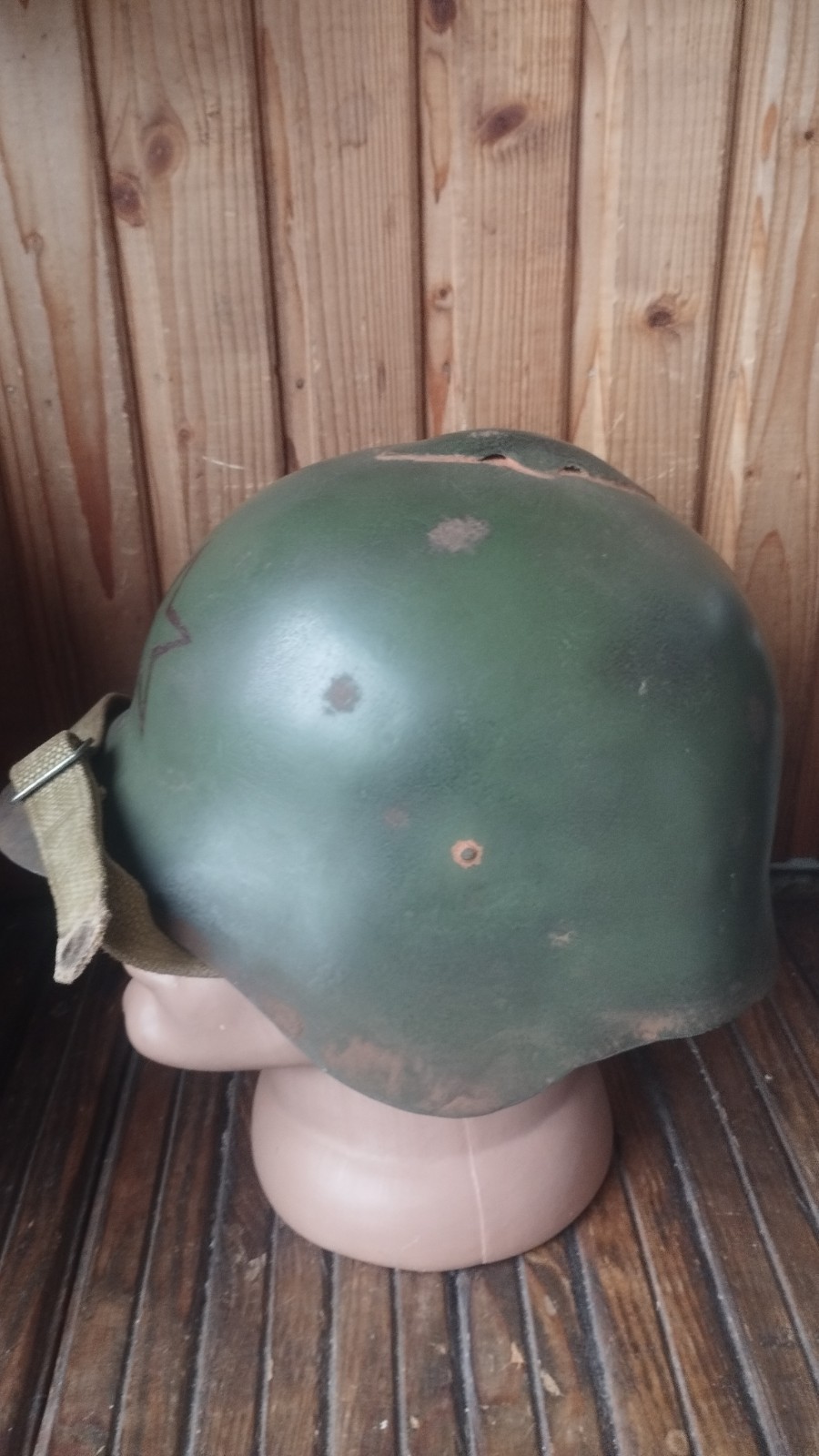 Soviet Red army steel combat helmet SSH-36 – Size 2, WWII battle-damaged — image 5