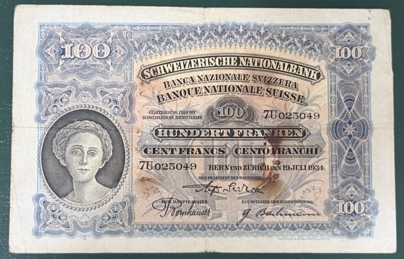 SWITZELAND P-35a 100 Franken 1934 Small Hold Nice Note 