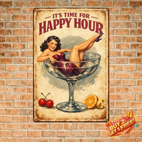 Sexy Lady Happy Hour Vintage Metal Tin Sign 8x12 Retro Wall Art Home Decor