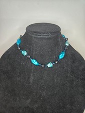 Blue and Black Beaded Necklace with Silver Tone Toggle Clasp