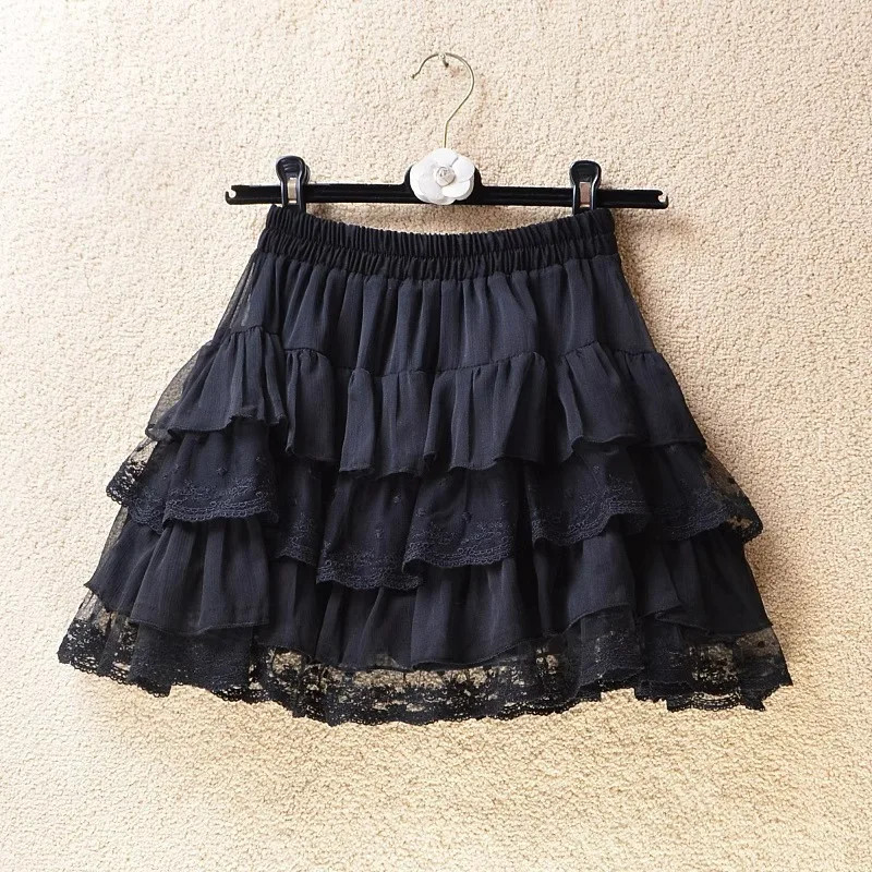 Elastic Gothic Lace Tutu Skirt Women Black Mesh Detail Petticoat Sexy Mini Tulle