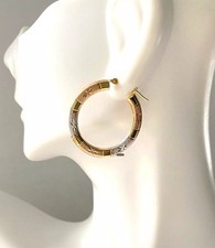 14K Gold Tri Color 1  Hoop Earrings Diamond Cut White, Yellow  Rose Gold JCM