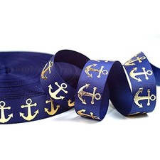 Polyester Grosgrain Ribbon Sparkle Gold Marine Anchor Navy Nautical Fa