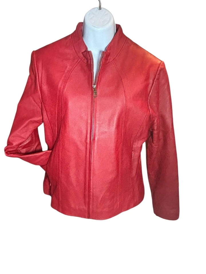 Womens Red Leather Zip-Up Jacket KC Collections M Size - Image 3 of 4