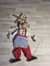 XA – Marionnette Clown Ancienne Bois Fils Vintage Artisanale