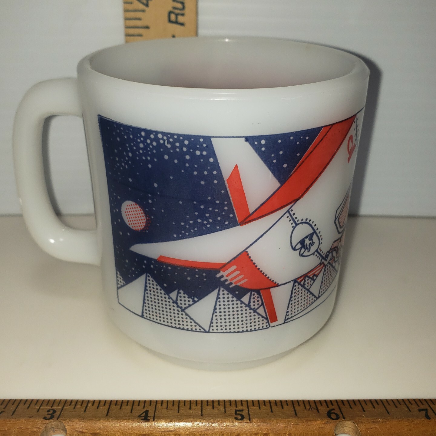 RARE Vintage Glasbake Mug Spaceship Space Rocket Mission Milk Glass Coffee Tea 