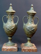 1890 belle paire cassolettes garniture de cheminée régule marbre 3.8kg34cm vases