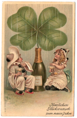 Postcard Children Drinking Champagne Lucky Clover New Year 1906 Embossed