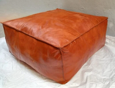 Pouf Marocain En Cuir De Chèvre Authentique Fait Main Vintage 28" Grand - Photo 1/4