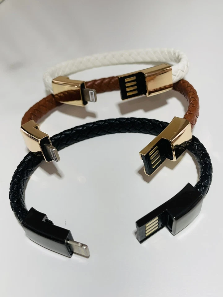 USB Cable PU Leather Braided Charger Hematite Metal Bracelets with Box - Image 2 of 4