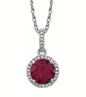14K White Gold Diamonds & Lab Created Red Ruby Halo Style Necklace & Pendant Set