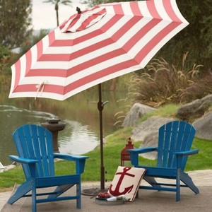 Outdoor 9 Ft Patio Umbrella With Tilt And Crank Lift In Coral Red White Stripe Ebay