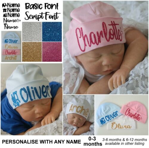 Baby Beanie Hat PERSONALISED Cap baby gift Newborn - 3 months Pink blue white - Picture 1 of 2