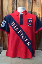 Vtg Tommy Hilfiger Spell Out Color Block 5 Red White Blue Polo Shirt LARGE