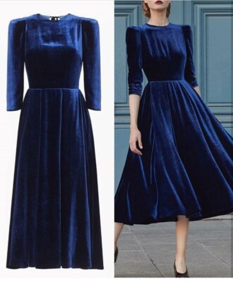 Blue Velvet Midi Dress Fit &Flare Evening Wedding Christmas Club Party Wear
