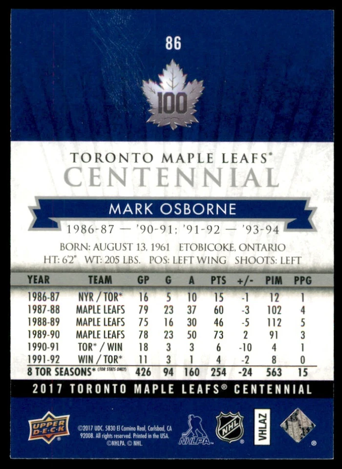 2017-18 Upper Deck Toronto Maple Leafs Centennial Mark Osborne #86 - Image 2 of 2