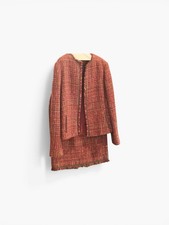 Lafayette 148 Tweed Skirt Suit Leather Trim Boucl  Pink Burgundy Set Size 10